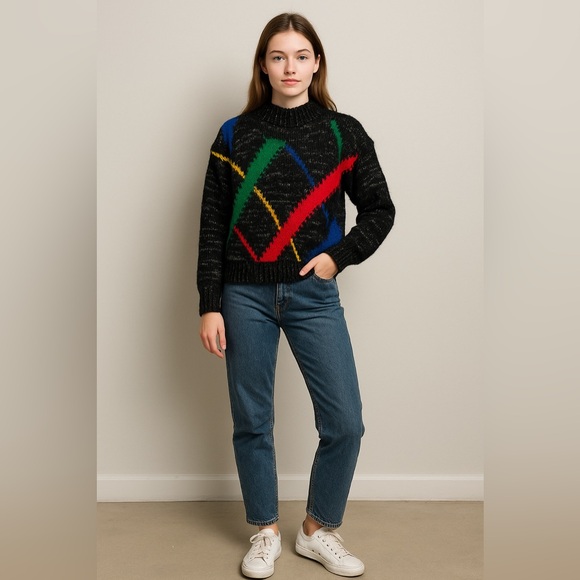 Vtg 80s Club Sportif de Paris Sweater Black Multicolor Geometric Knit Retro Sz S - Picture 1 of 4